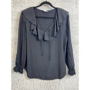 Options Melrose black V- Neck ruffle shoulder pads  long sleeve blouse size M